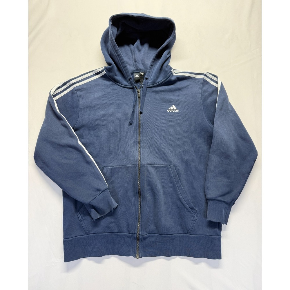 Adidas Essentials Hoodie Mens XL Blue White 3 Stripes‎ Full Zip Gym Training